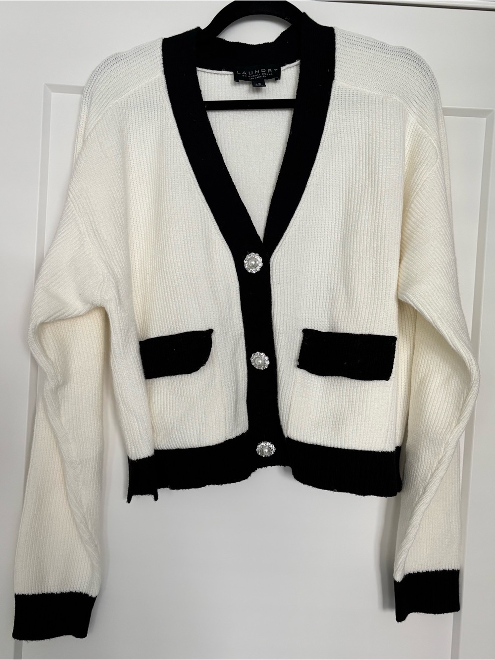 Laundry By Shelli Segal Ivory and Black Contrast V-Neck Cardigan